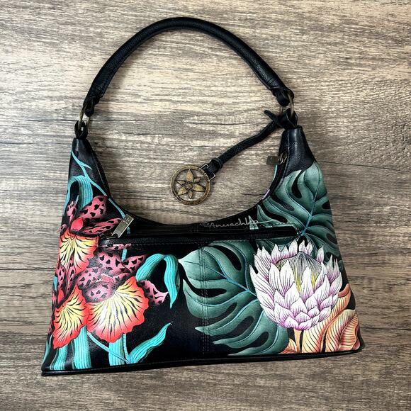 Anuschka Medium Zip Boho Island Escape Black Shoulder Bag - Picture 4 of 16